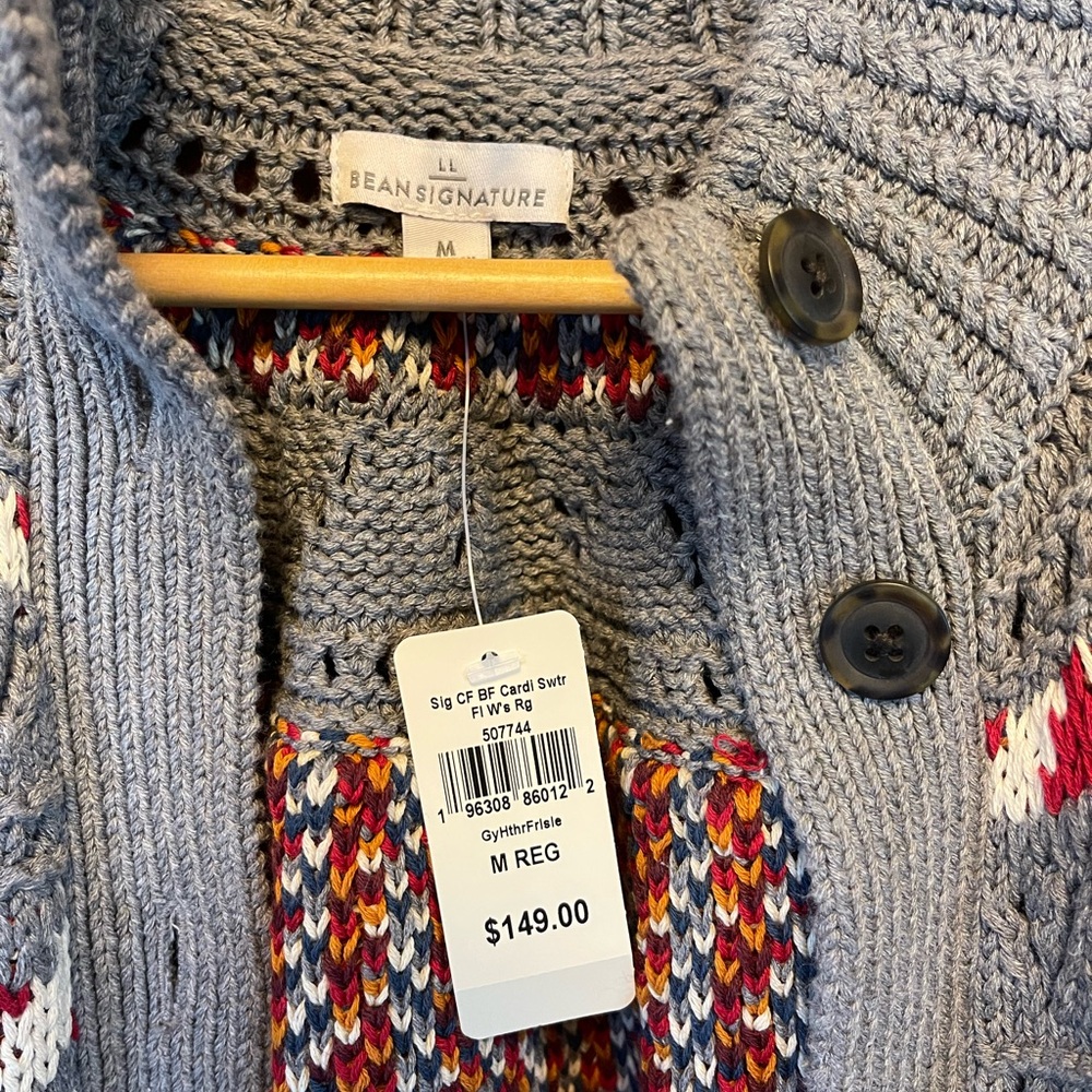 L.L. Bean Gray Fair Isle Button Cardigan with Red, Navy & Tan Accents - Picture 3 of 3